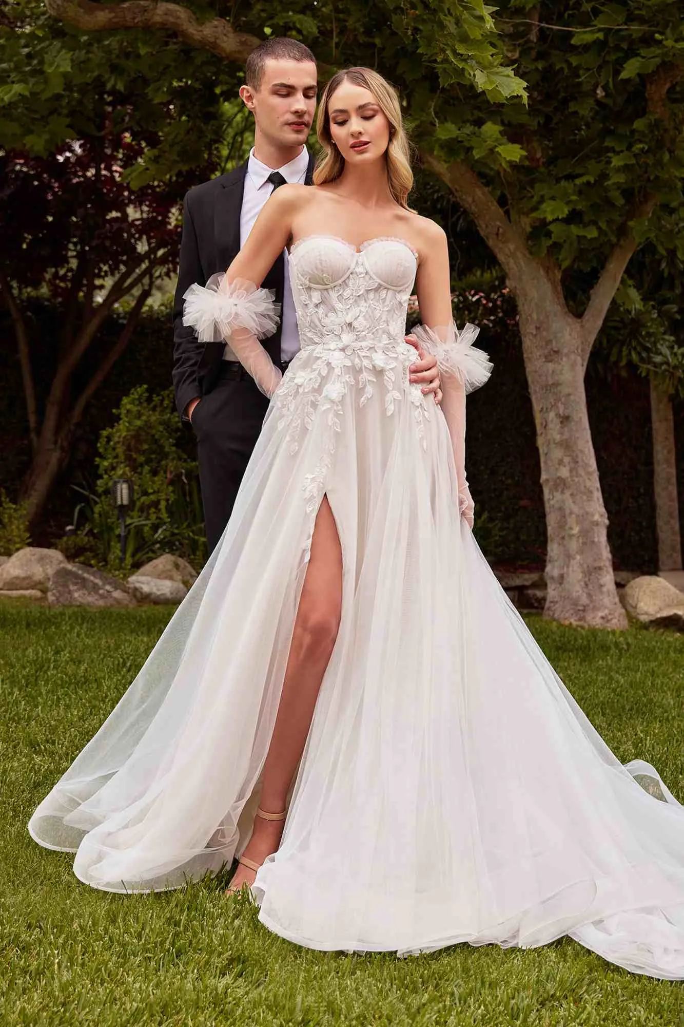 Ladivine CD859W Long Strapless Sweetheart A-Line Tulle Gown with Gloves