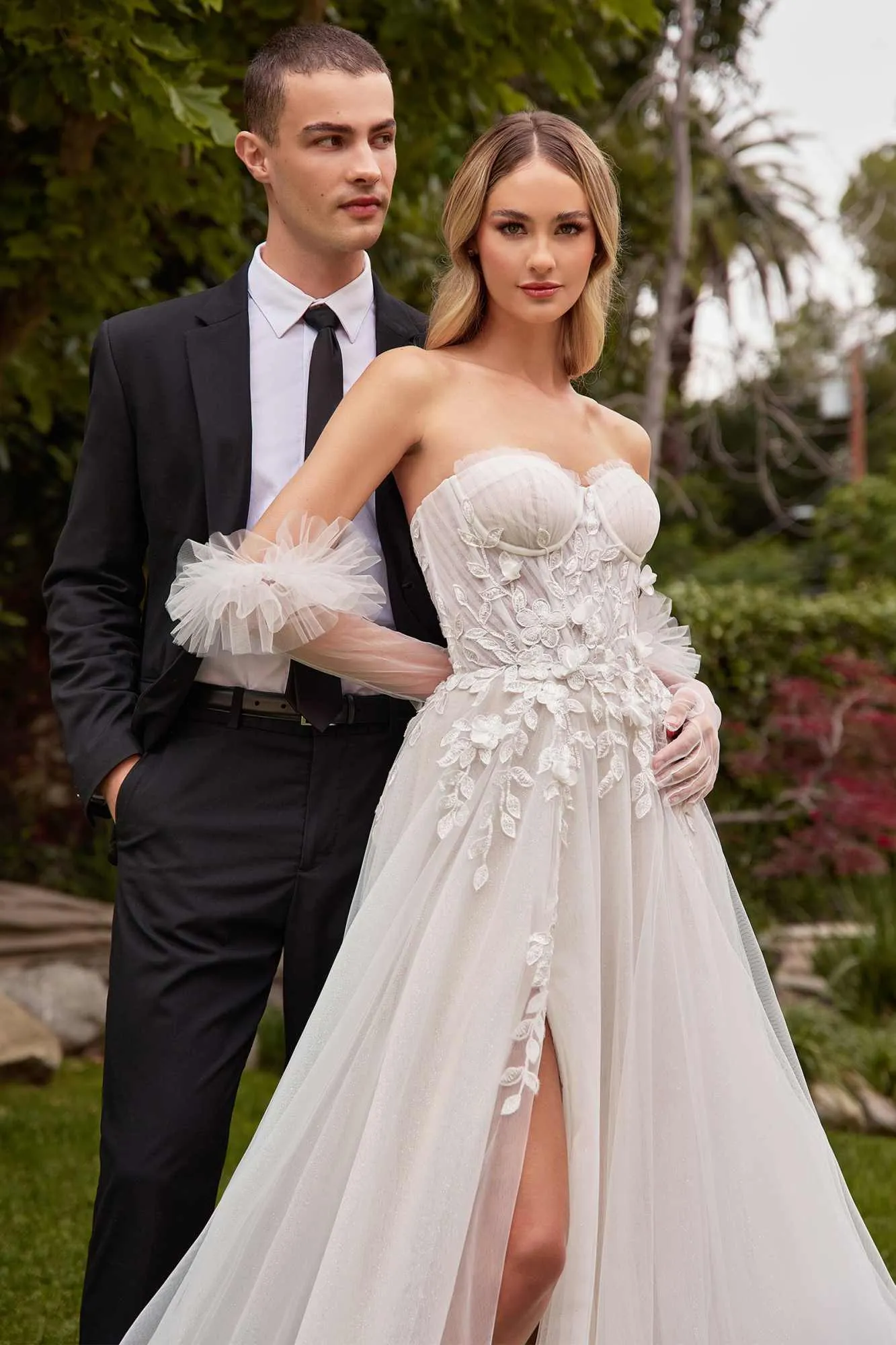Ladivine CD859W Long Strapless Sweetheart A-Line Tulle Gown with Gloves