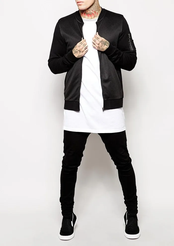 Mens Black Mesh Bomber Jacket  with Jersey Hoodie