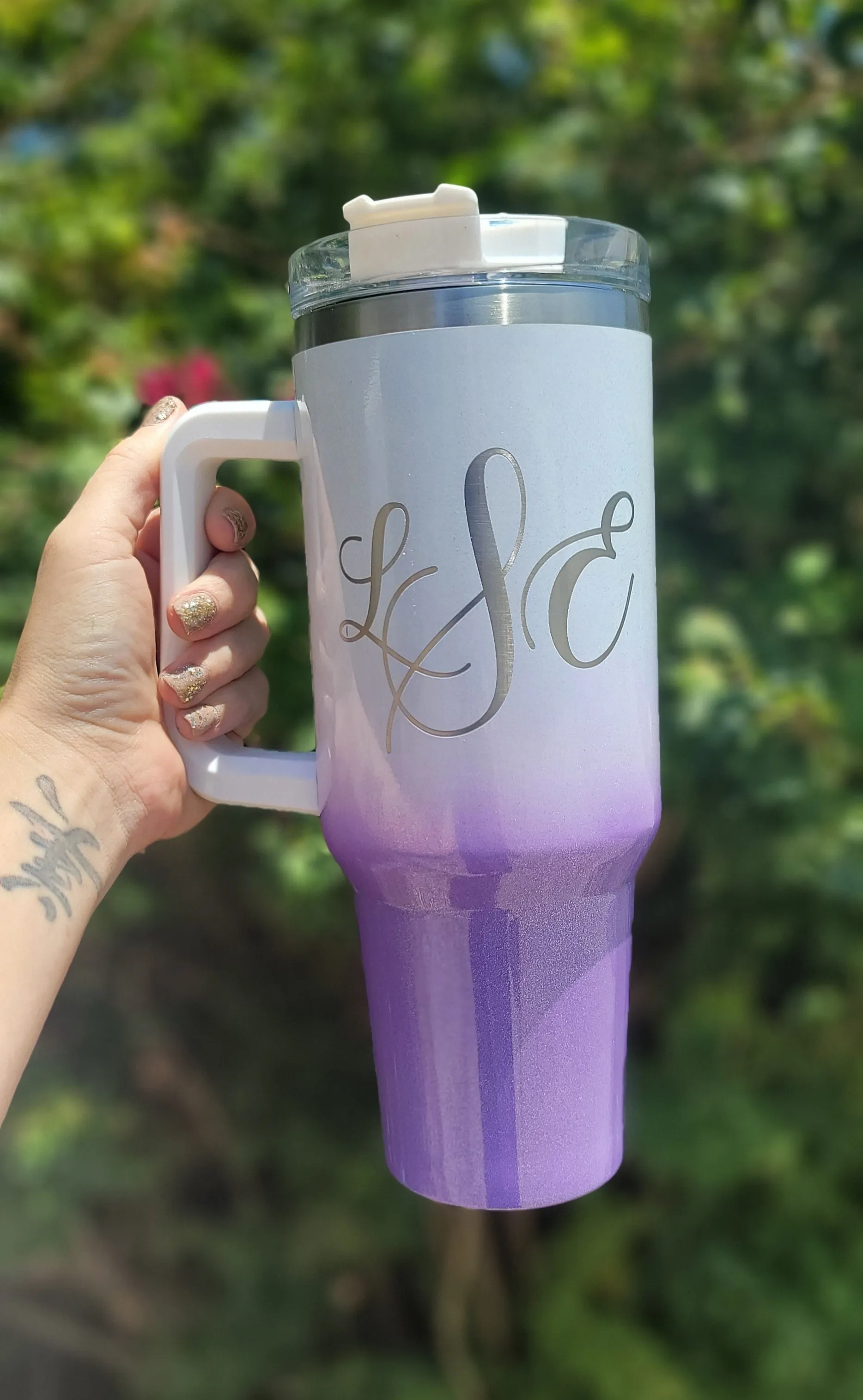 Monogramed 40oz stainless steel tumbler with handle