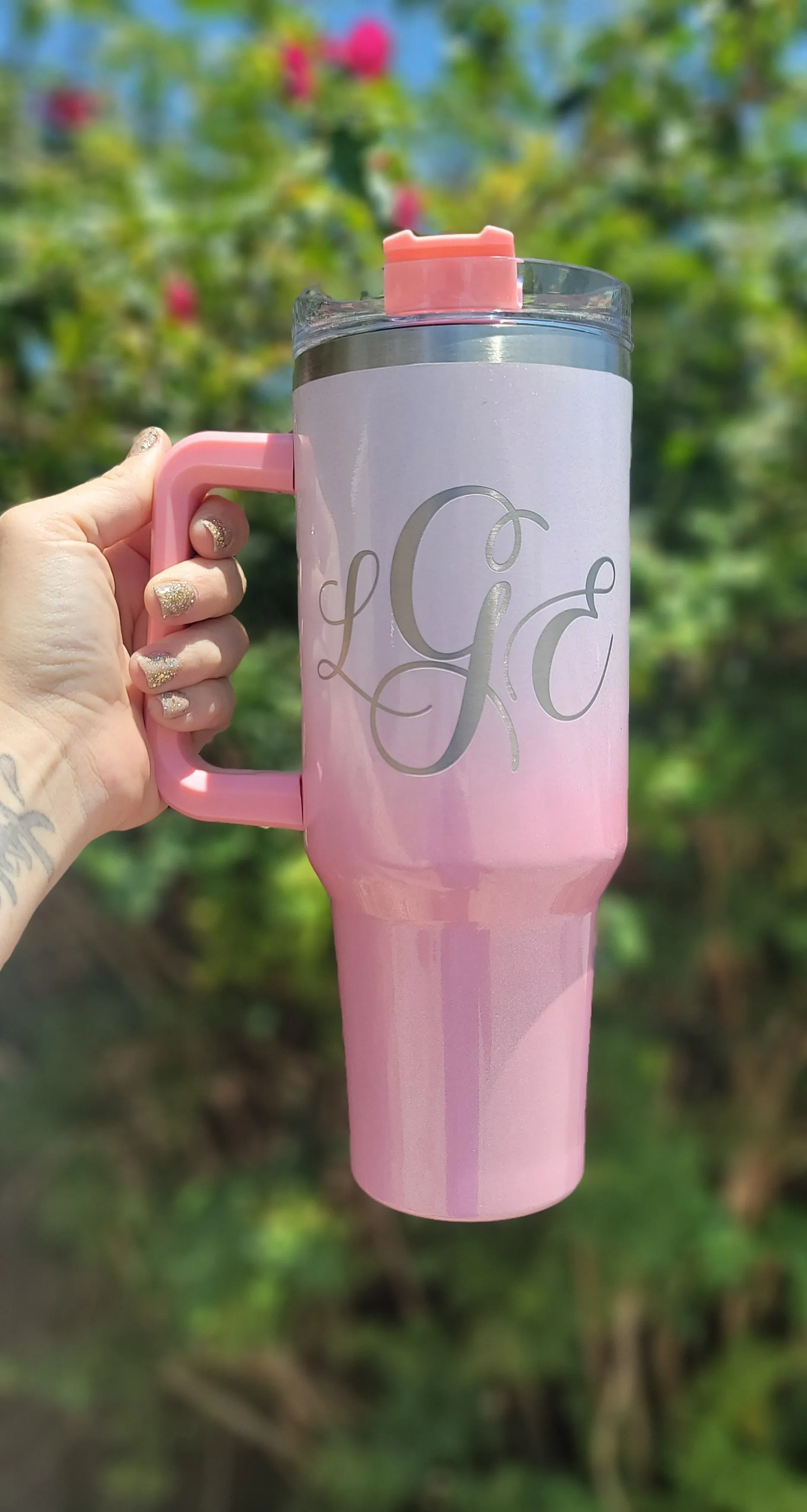Monogramed 40oz stainless steel tumbler with handle