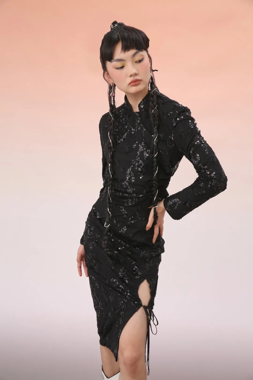 Mukzin | Black Glitter Asymmetric Mini Slip Skirt