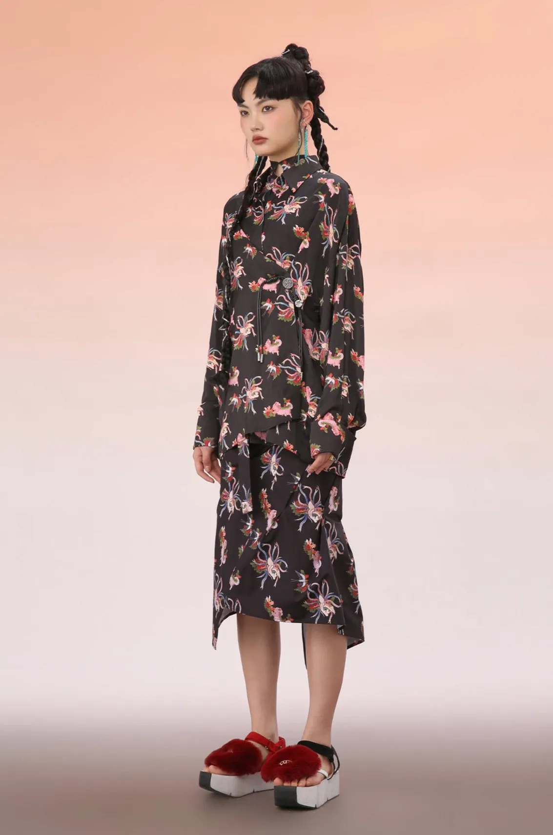 Mukzin | Black Printed  Asymmetric Midi Skirt
