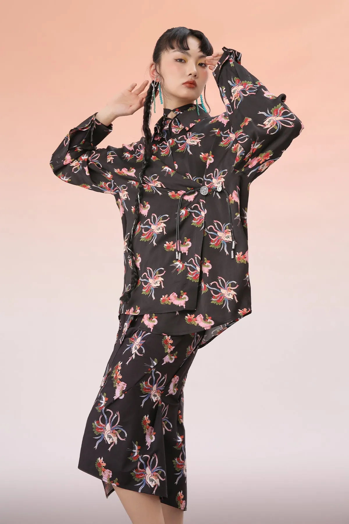 Mukzin | Black Printed  Asymmetric Midi Skirt