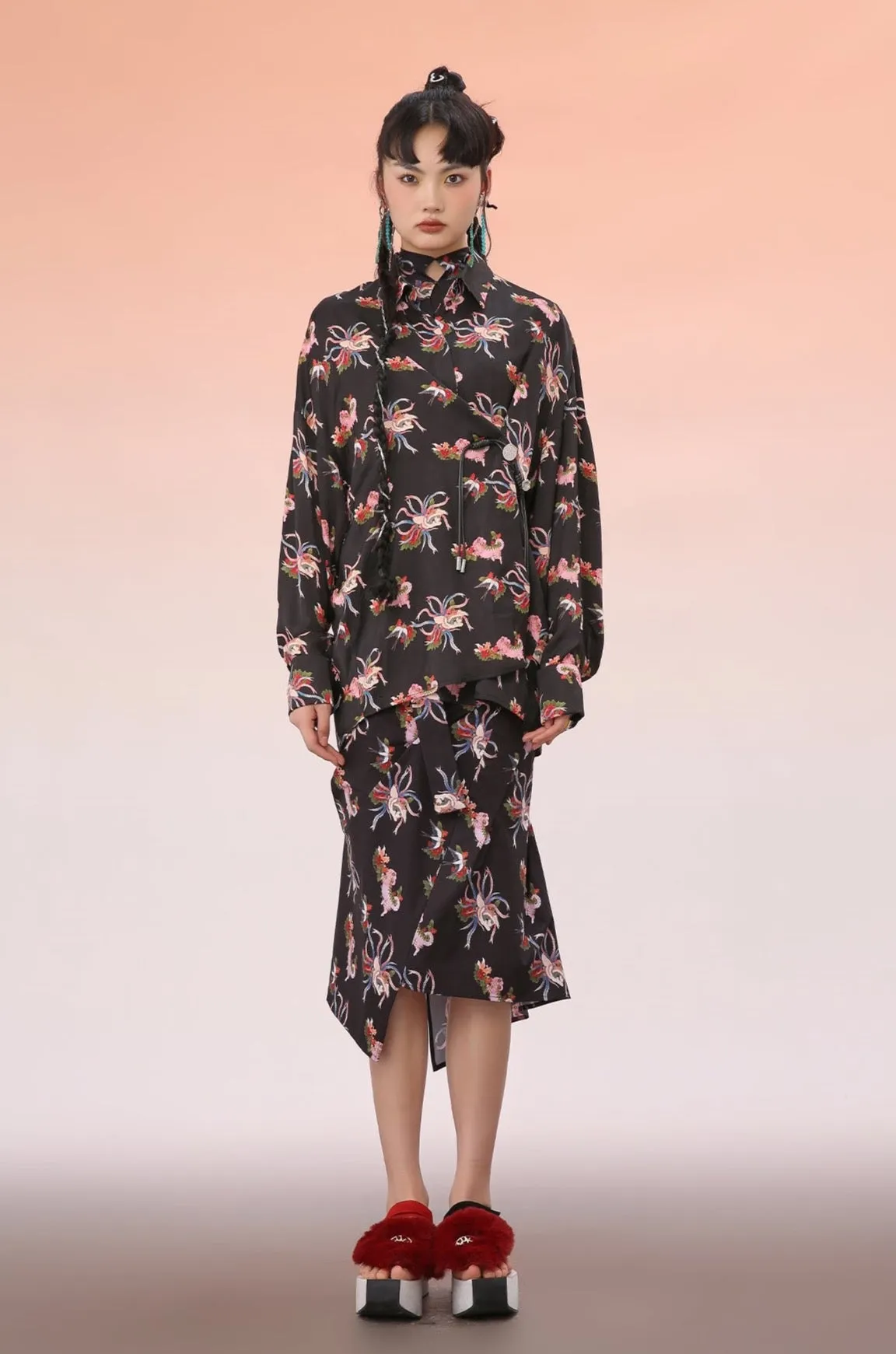 Mukzin | Black Printed  Asymmetric Midi Skirt