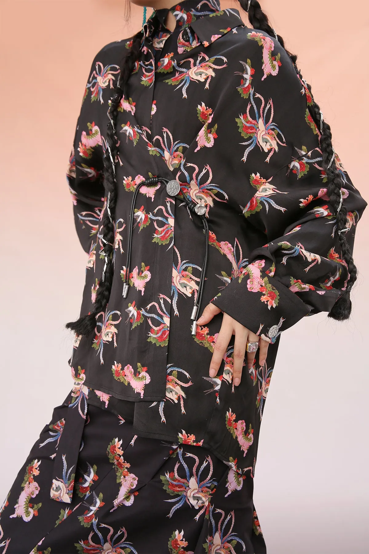 Mukzin | Black Printed  Asymmetric Midi Skirt