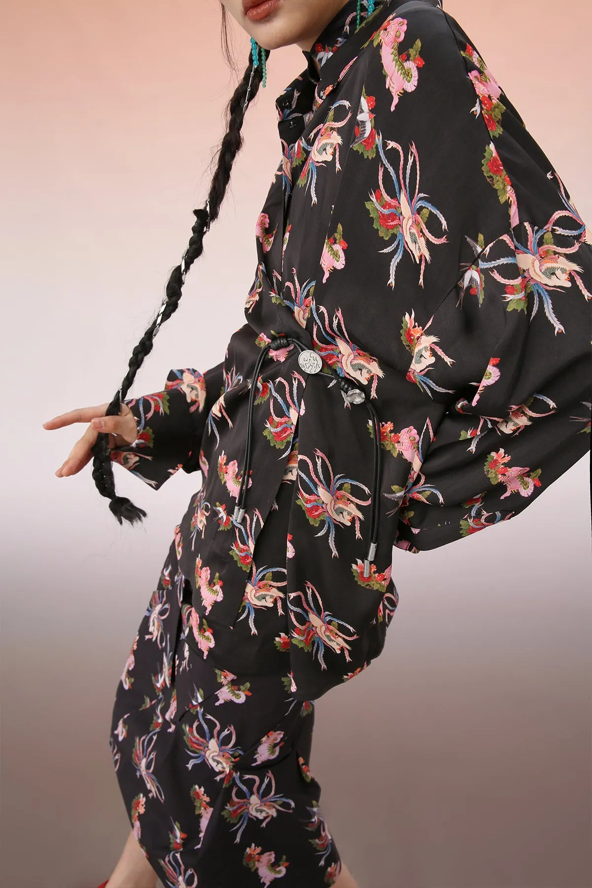 Mukzin | Black Printed  Asymmetric Midi Skirt