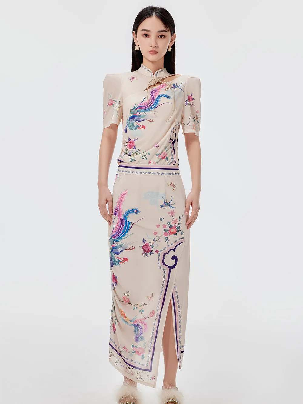 MUKZIN Chinese Style Printed Slit Skirt