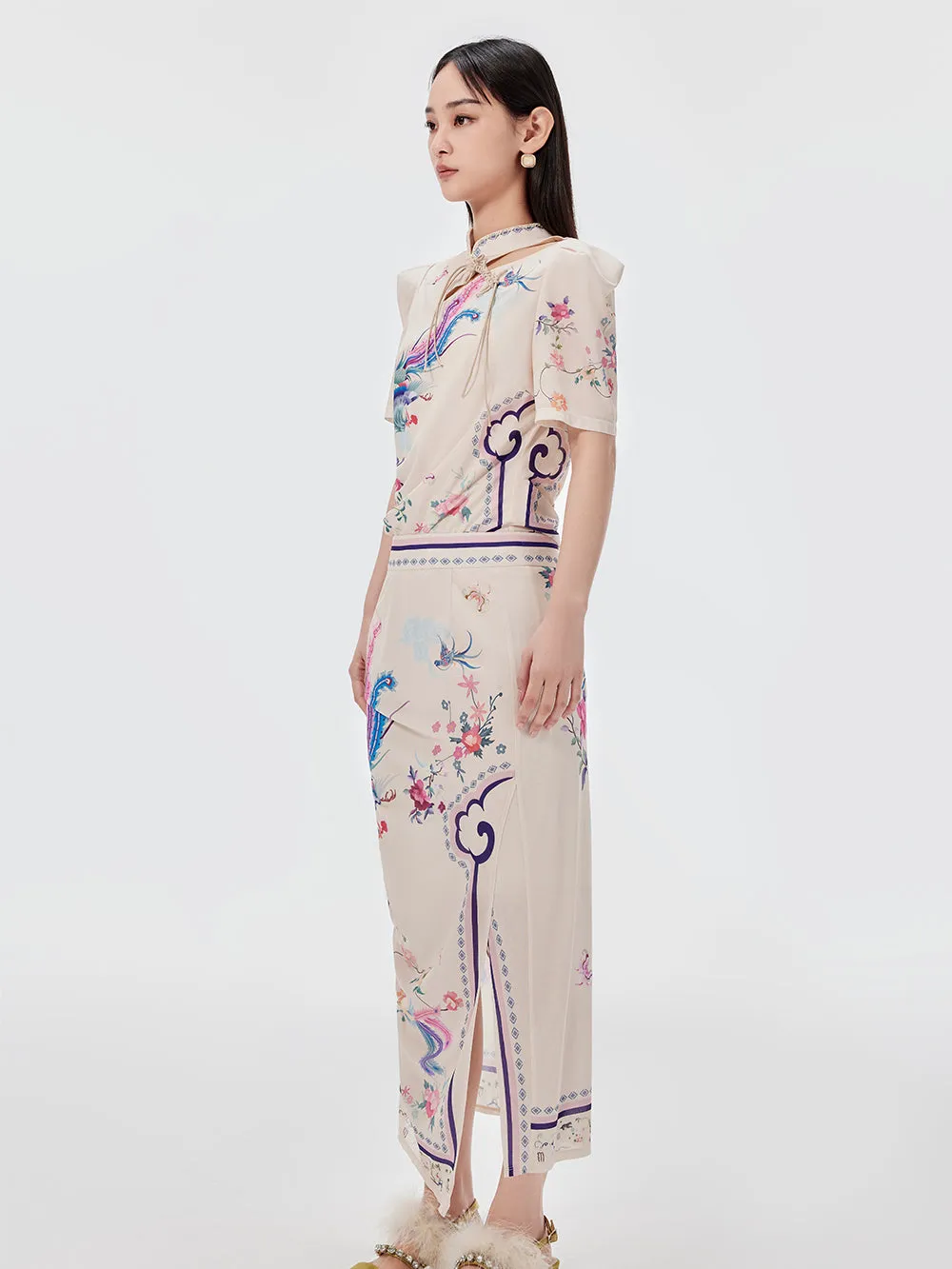 MUKZIN Chinese Style Printed Slit Skirt