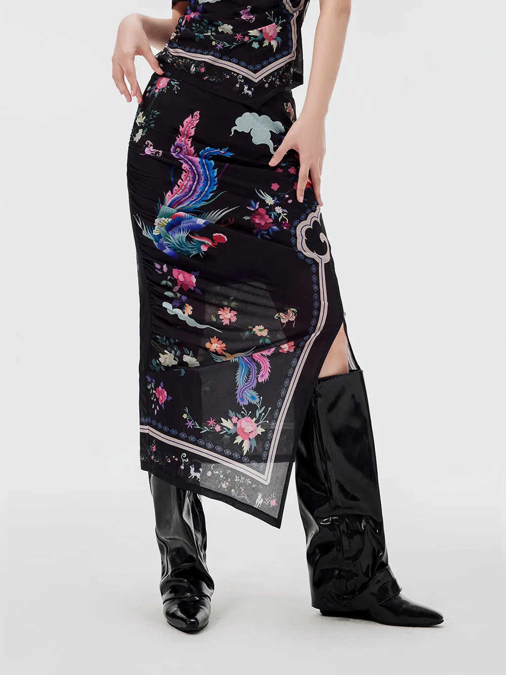MUKZIN Chinese Style Printed Slit Skirt