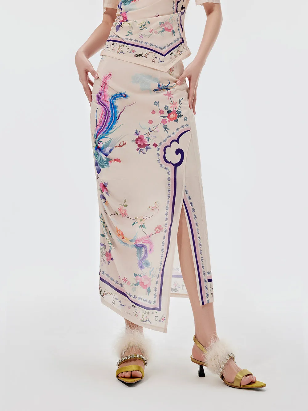 MUKZIN Chinese Style Printed Slit Skirt