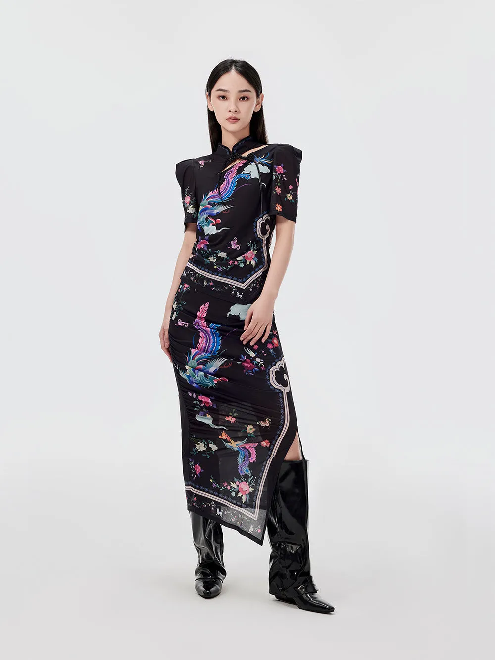 MUKZIN Chinese Style Printed Slit Skirt