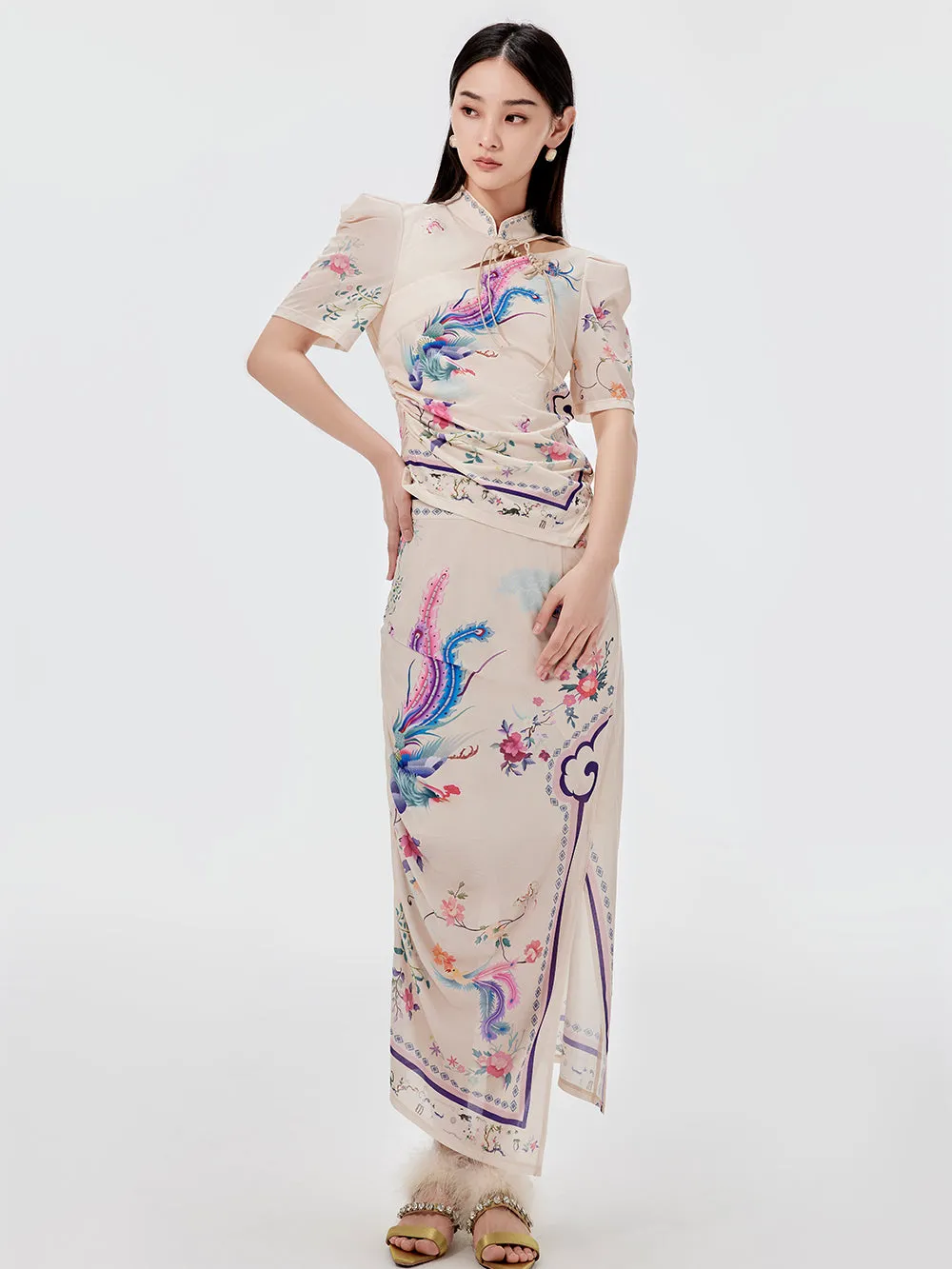 MUKZIN Chinese Style Printed Slit Skirt