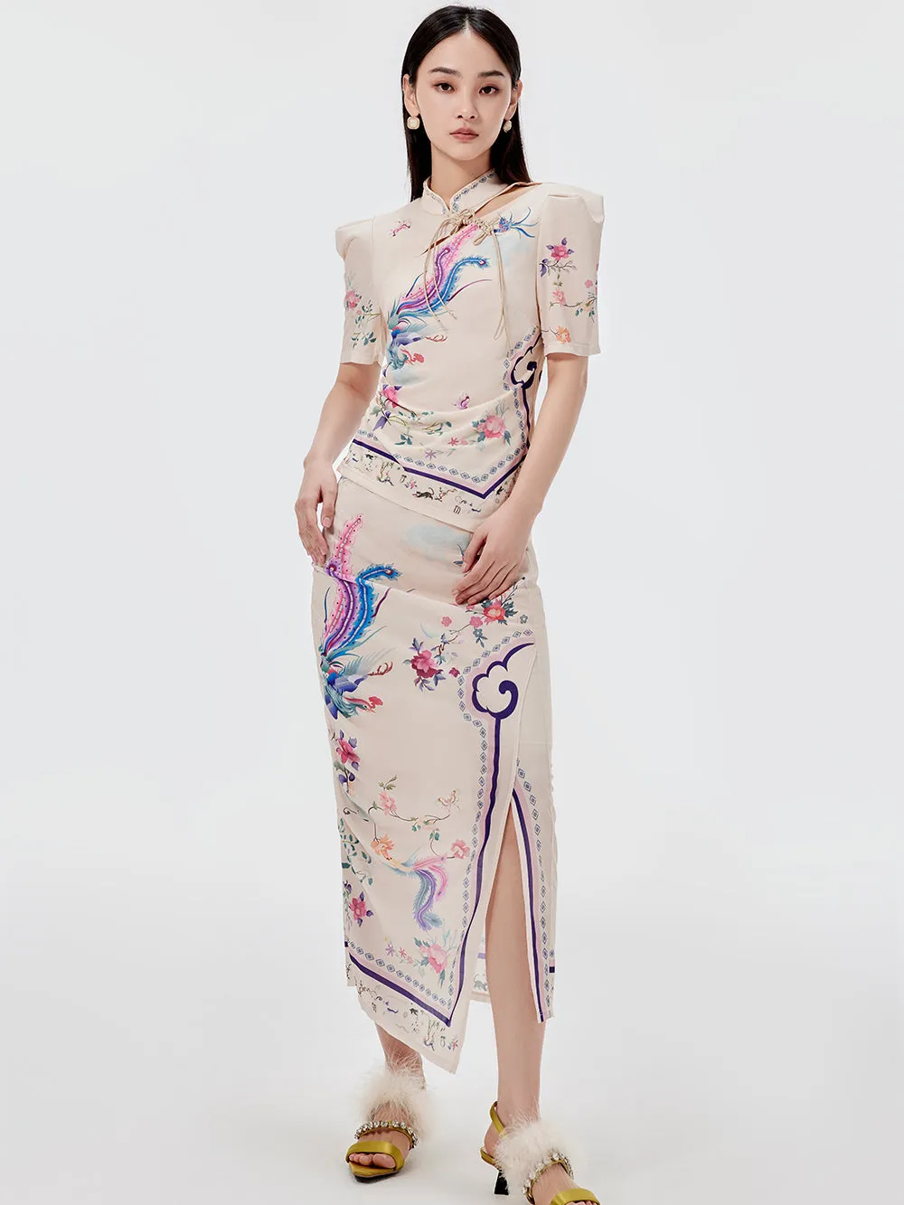MUKZIN Chinese Style Printed Slit Skirt