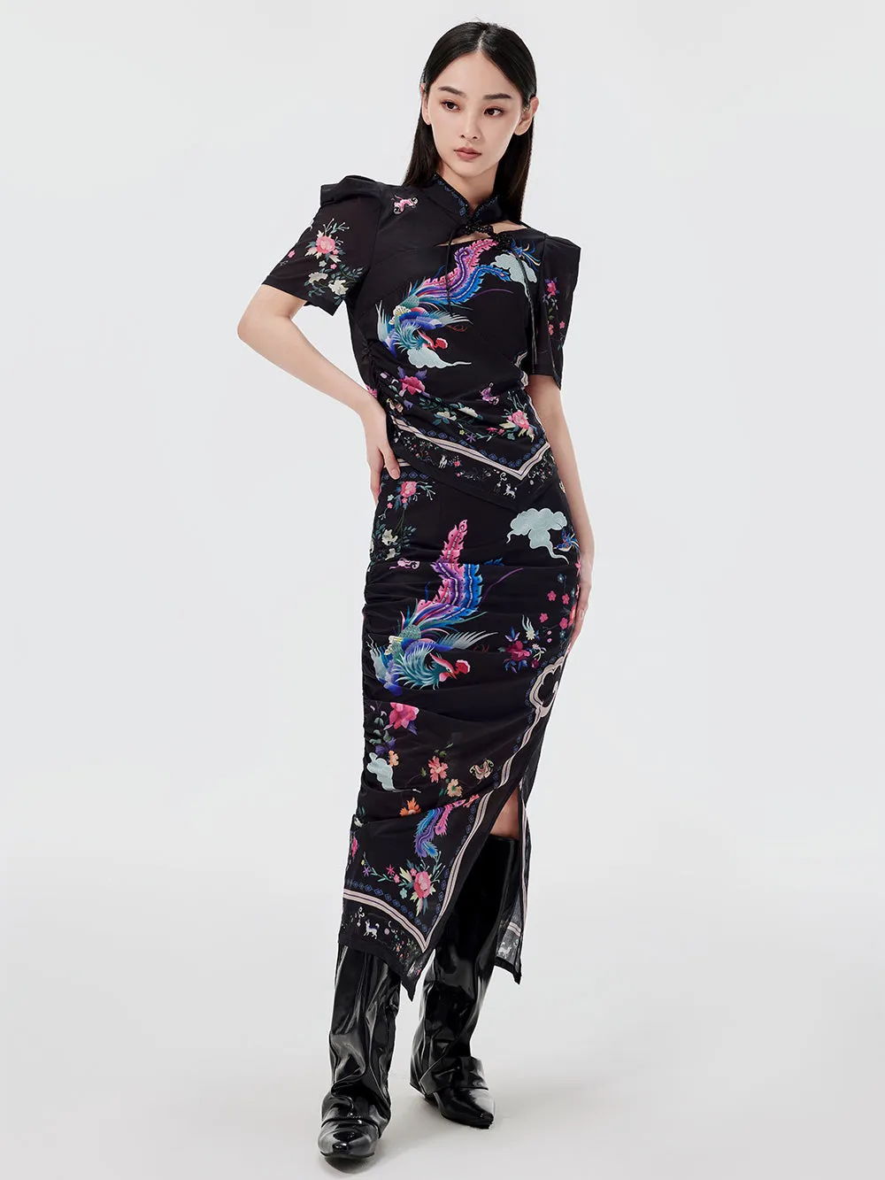 MUKZIN Chinese Style Printed Slit Skirt