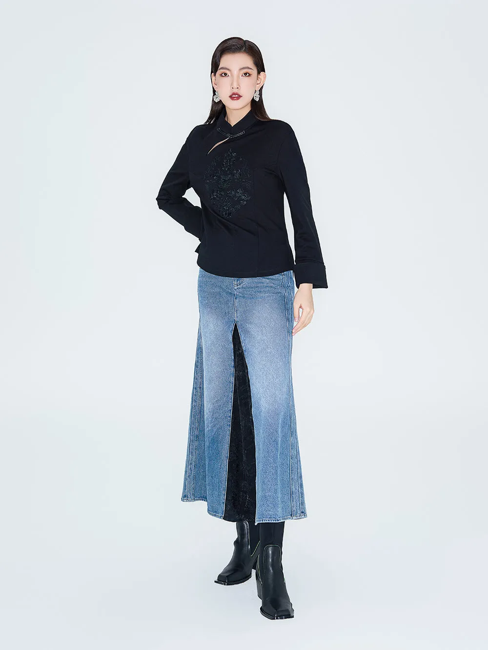 MUKZIN Linglong Old Denim Front Side Slit Patchwork Fishtail Skirt