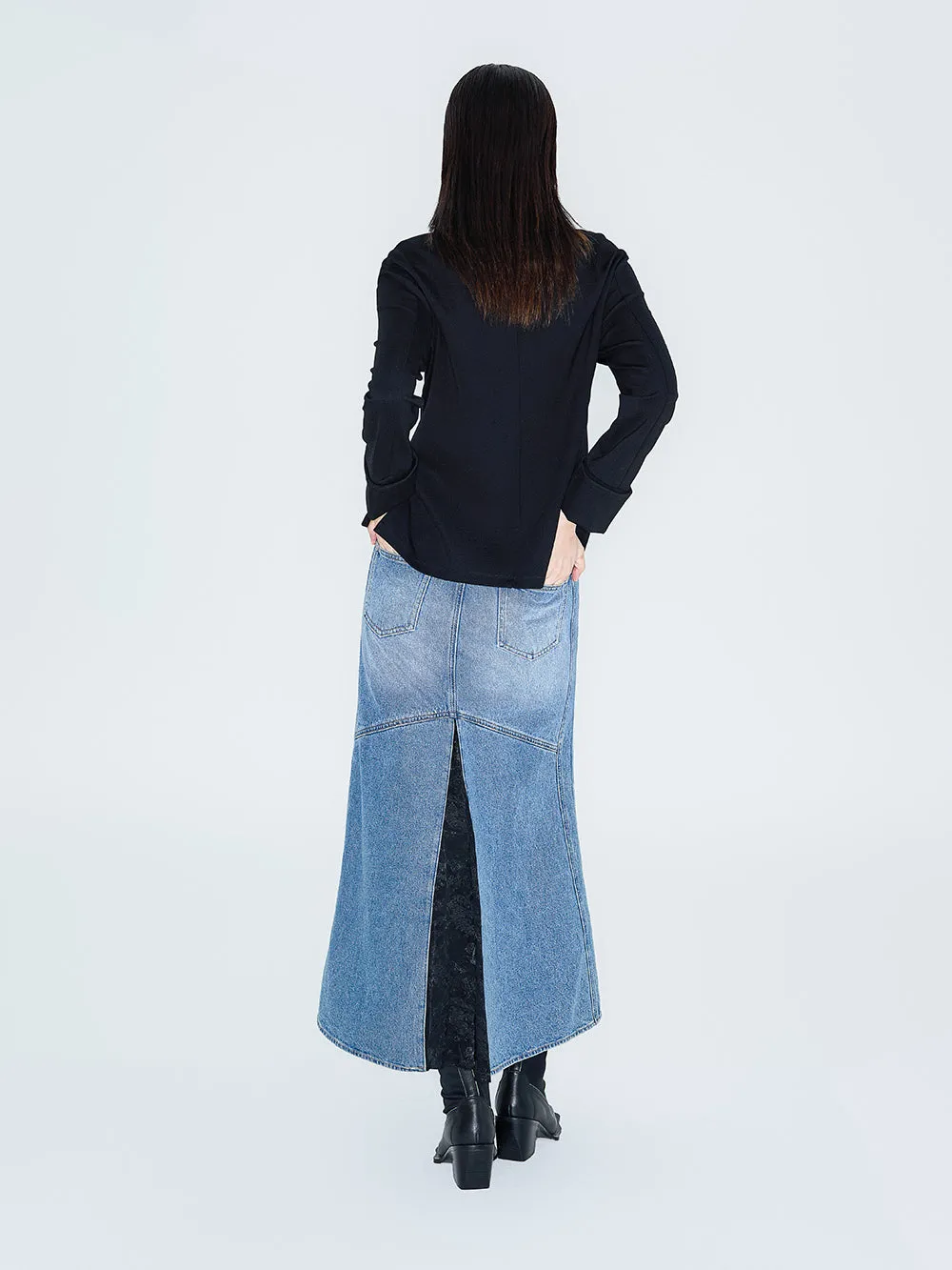 MUKZIN Linglong Old Denim Front Side Slit Patchwork Fishtail Skirt