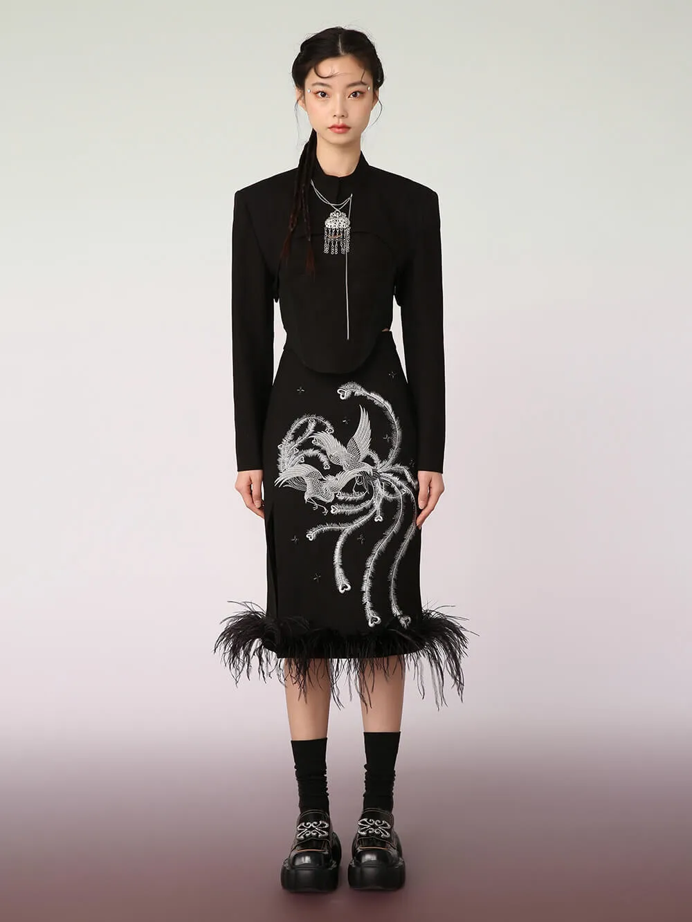 MUKZIN Mid-Length Black Embroidered Skirt
