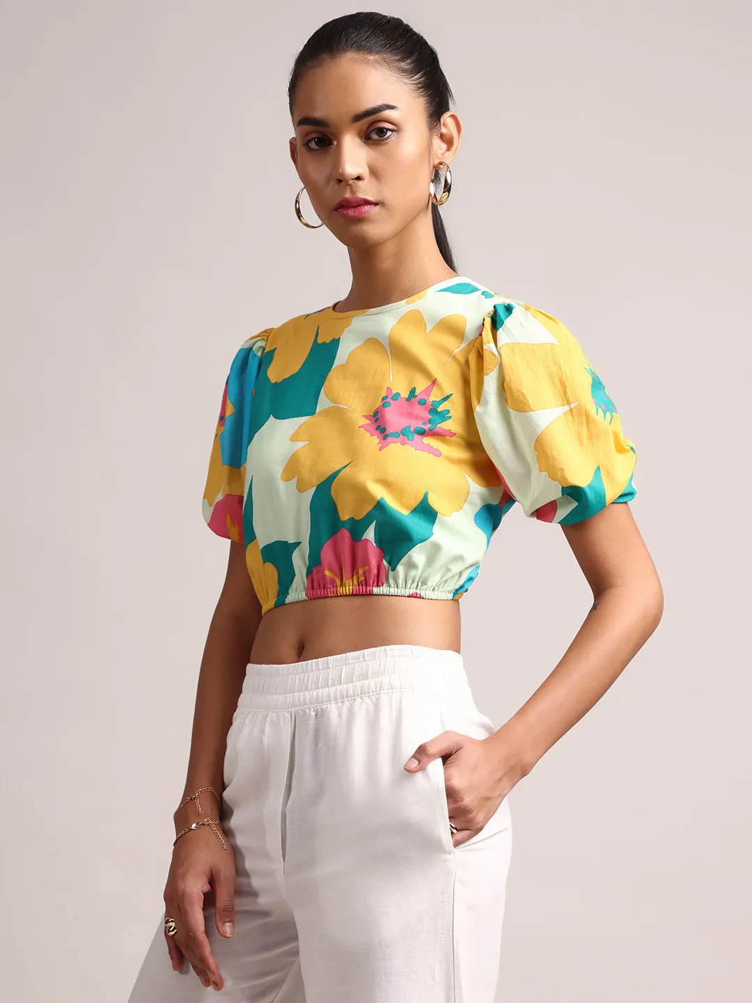 Multicolor Cotton Floral Print Crop Top