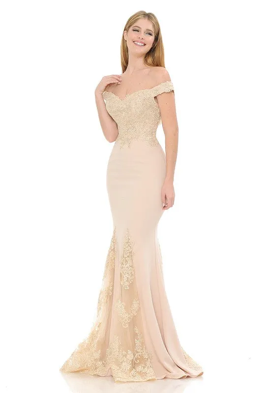 Nude Off-Shoulder Embroidered Crepe Godet Formal Dress