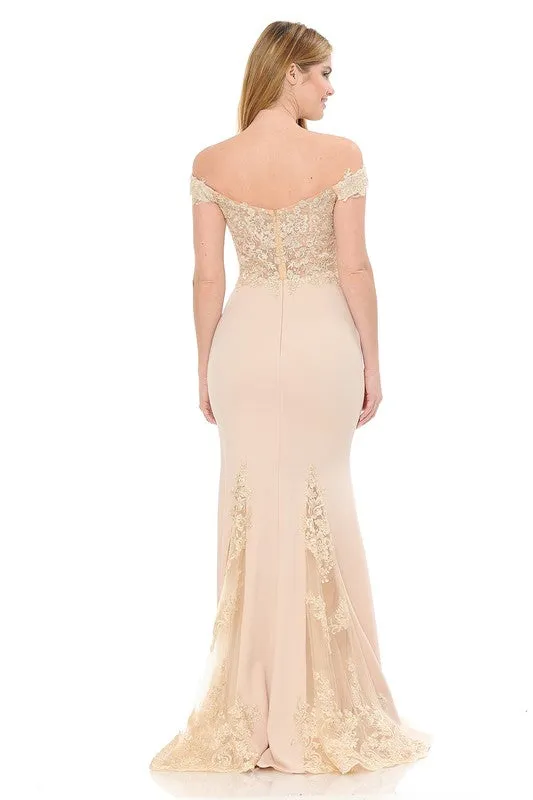 Nude Off-Shoulder Embroidered Crepe Godet Formal Dress