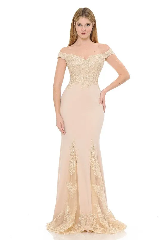 Nude Off-Shoulder Embroidered Crepe Godet Formal Dress