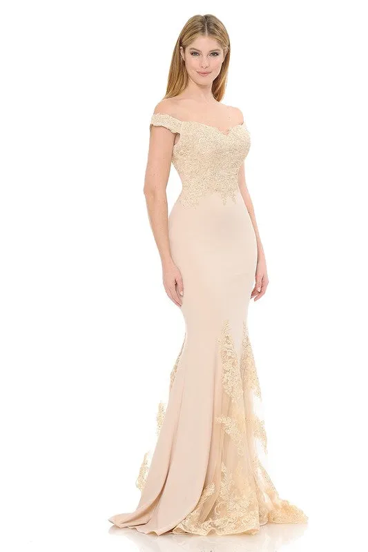 Nude Off-Shoulder Embroidered Crepe Godet Formal Dress