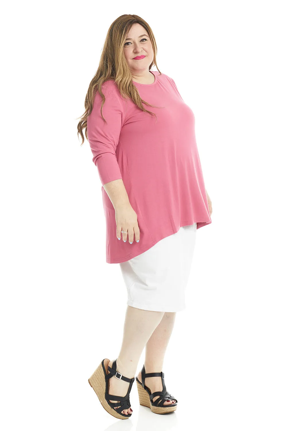 Pink 3/4 Sleeve Crewneck Tunic Shirt 'Ivy' Top for Women