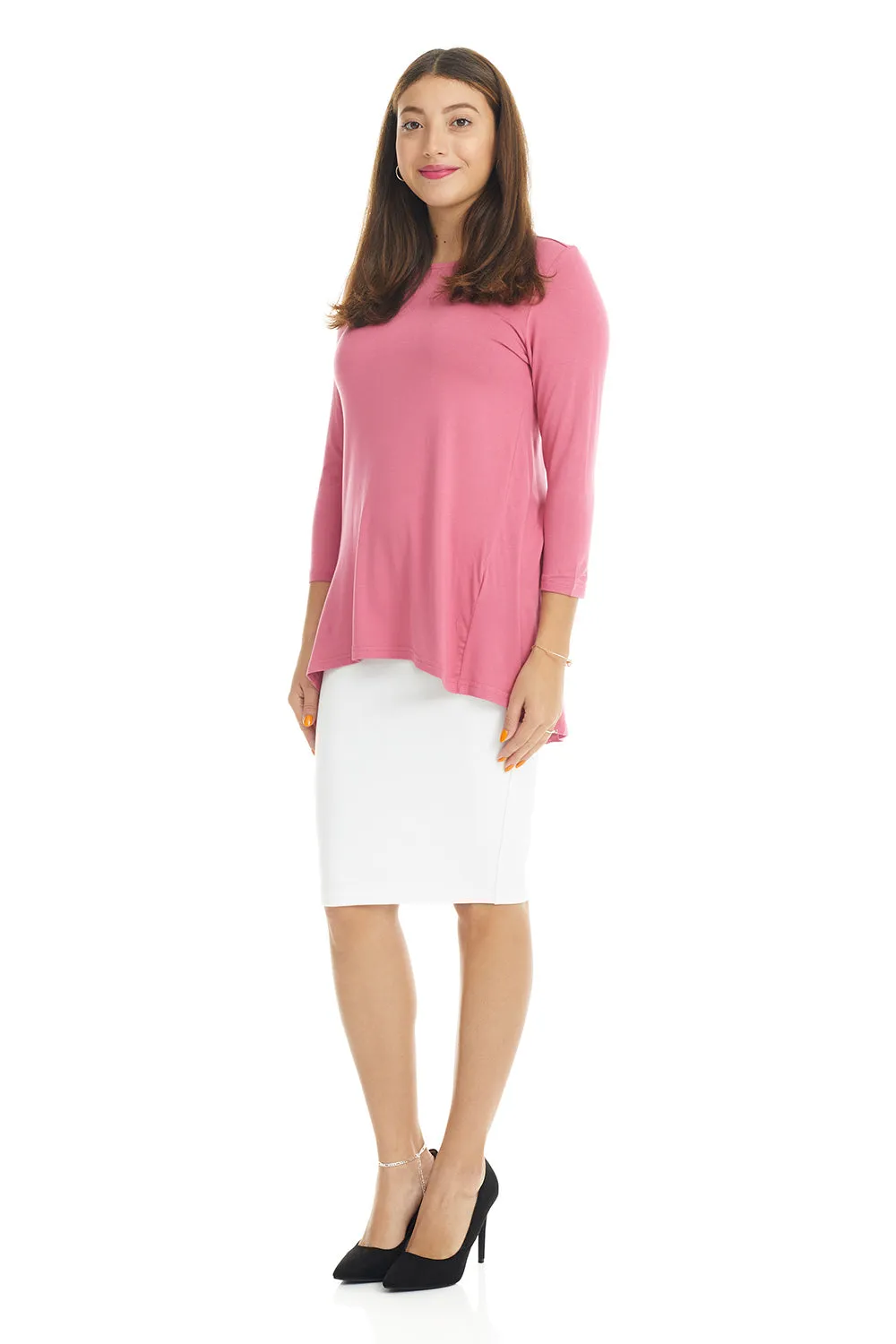 Pink 3/4 Sleeve Crewneck Tunic Shirt 'Ivy' Top for Women