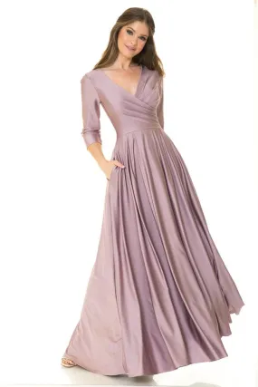 Plum Sleeve Wrap Pleated Flare Pockets Formal Dress