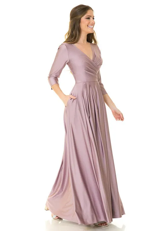 Plum Sleeve Wrap Pleated Flare Pockets Formal Dress