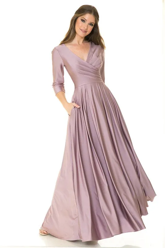 Plum Sleeve Wrap Pleated Flare Pockets Formal Dress