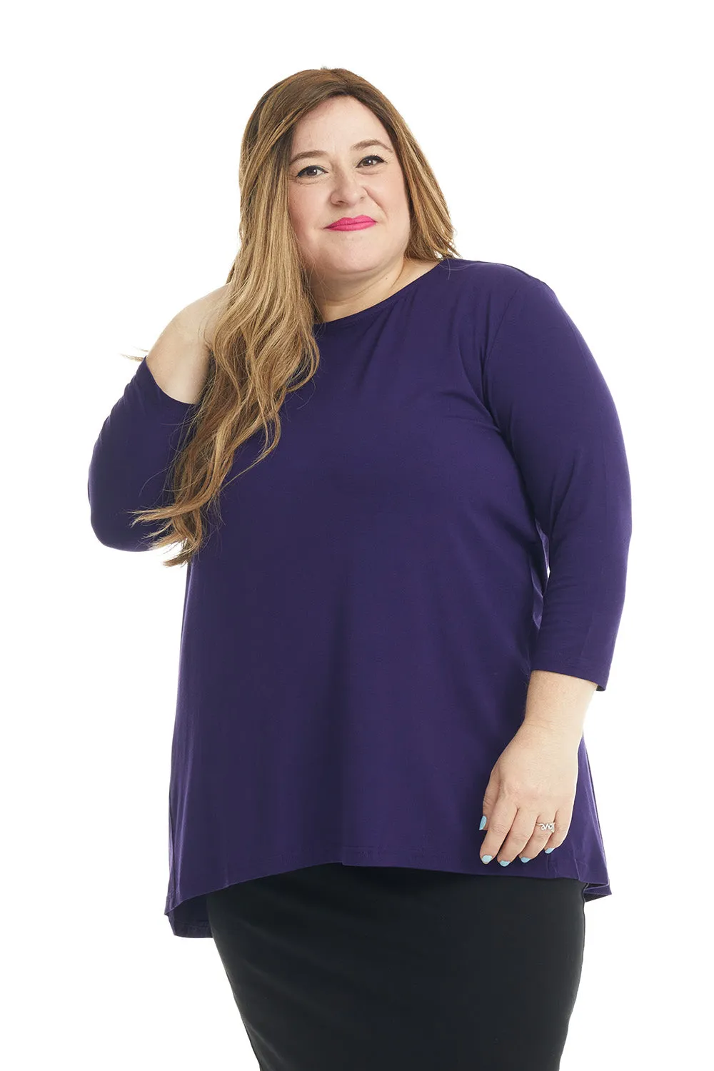 Purple 3/4 Sleeve Crewneck Tunic Shirt 'Ivy' Top for Women