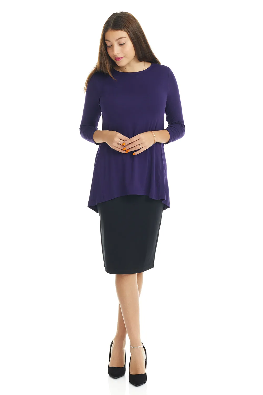Purple 3/4 Sleeve Crewneck Tunic Shirt 'Ivy' Top for Women