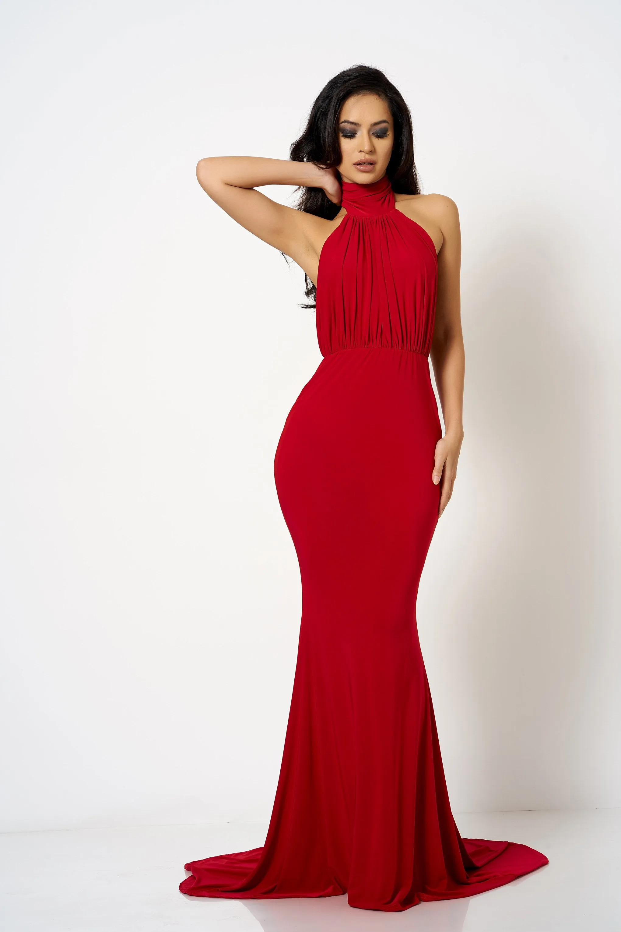 Red Backless Halter High Neck Fishtail Maxi Dress
