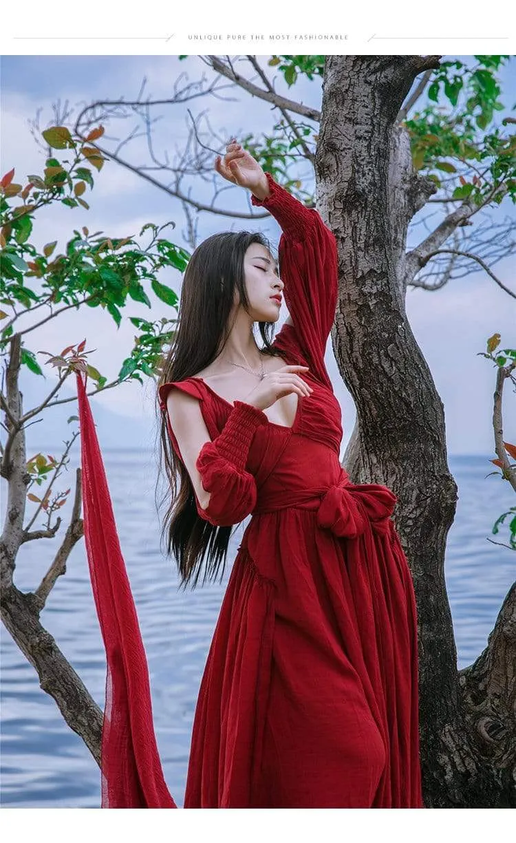 Red Bandage Long Asymmetrical Maxi Dress | Mandala