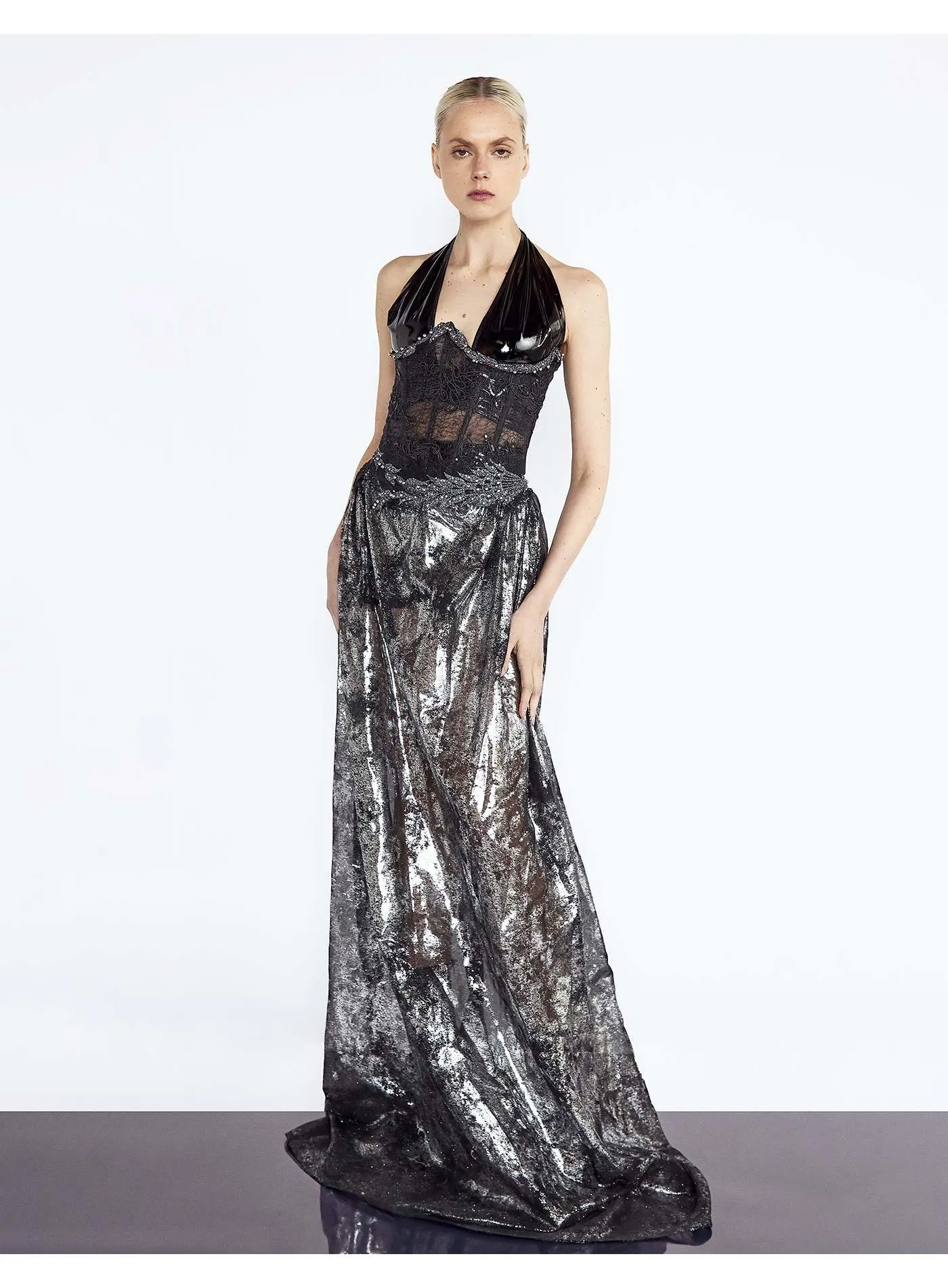 Silver Coated Organza Evening Skirt With Corset