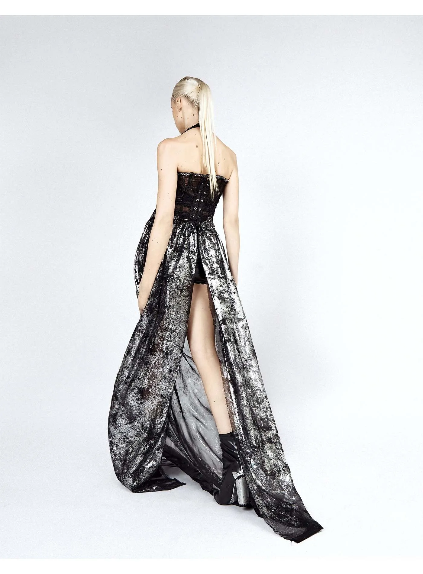 Silver Coated Organza Evening Skirt With Corset