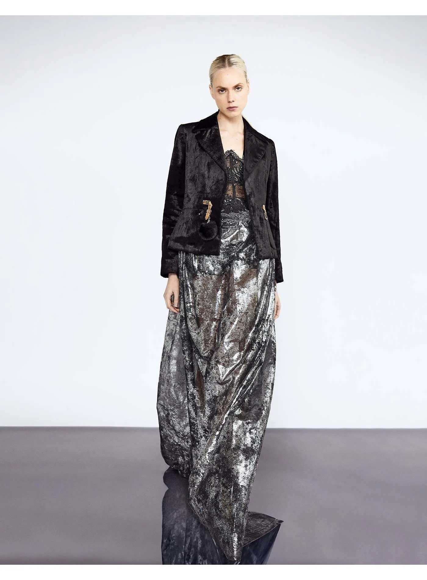 Silver Coated Organza Evening Skirt With Corset