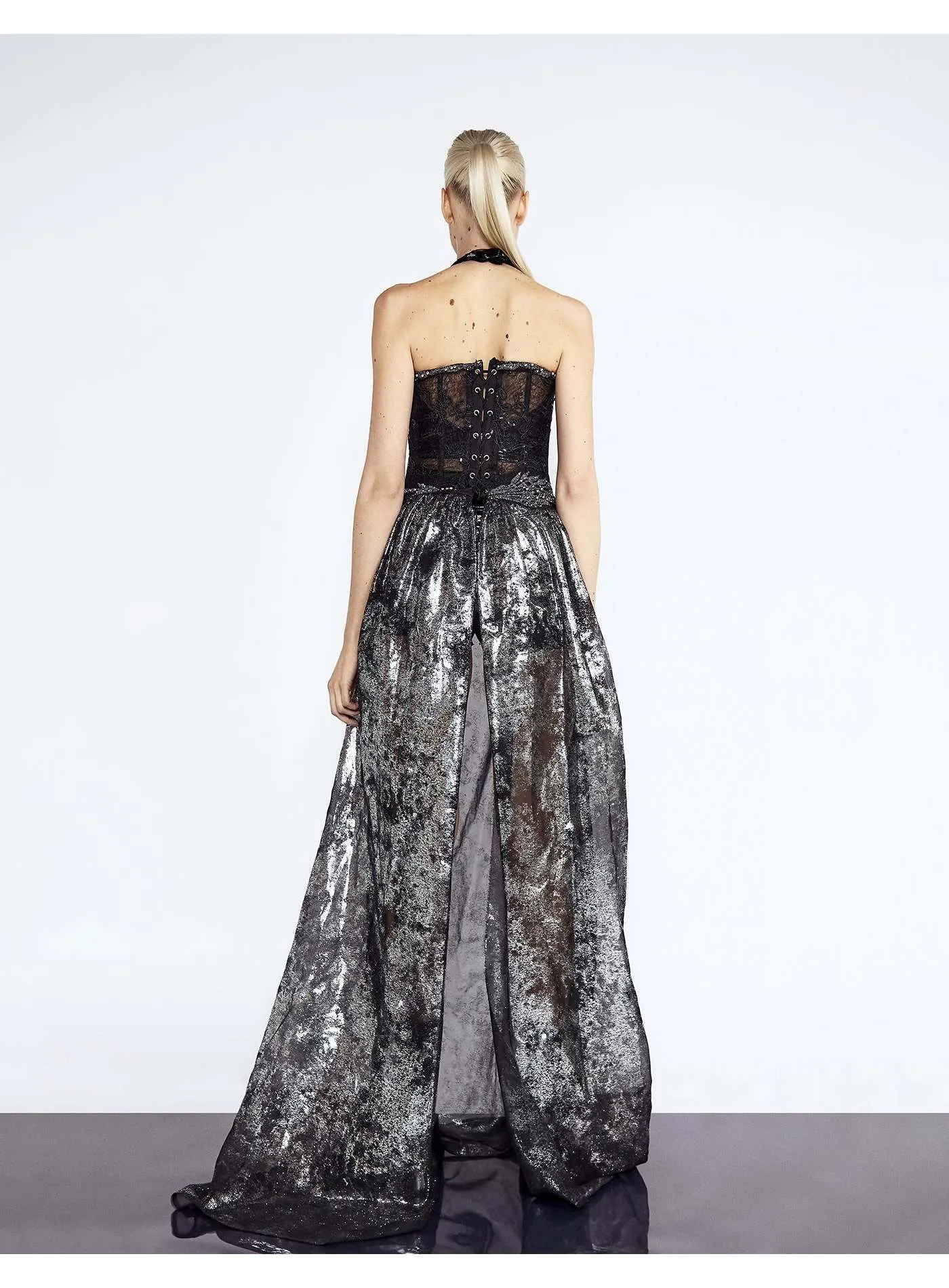 Silver Coated Organza Evening Skirt With Corset