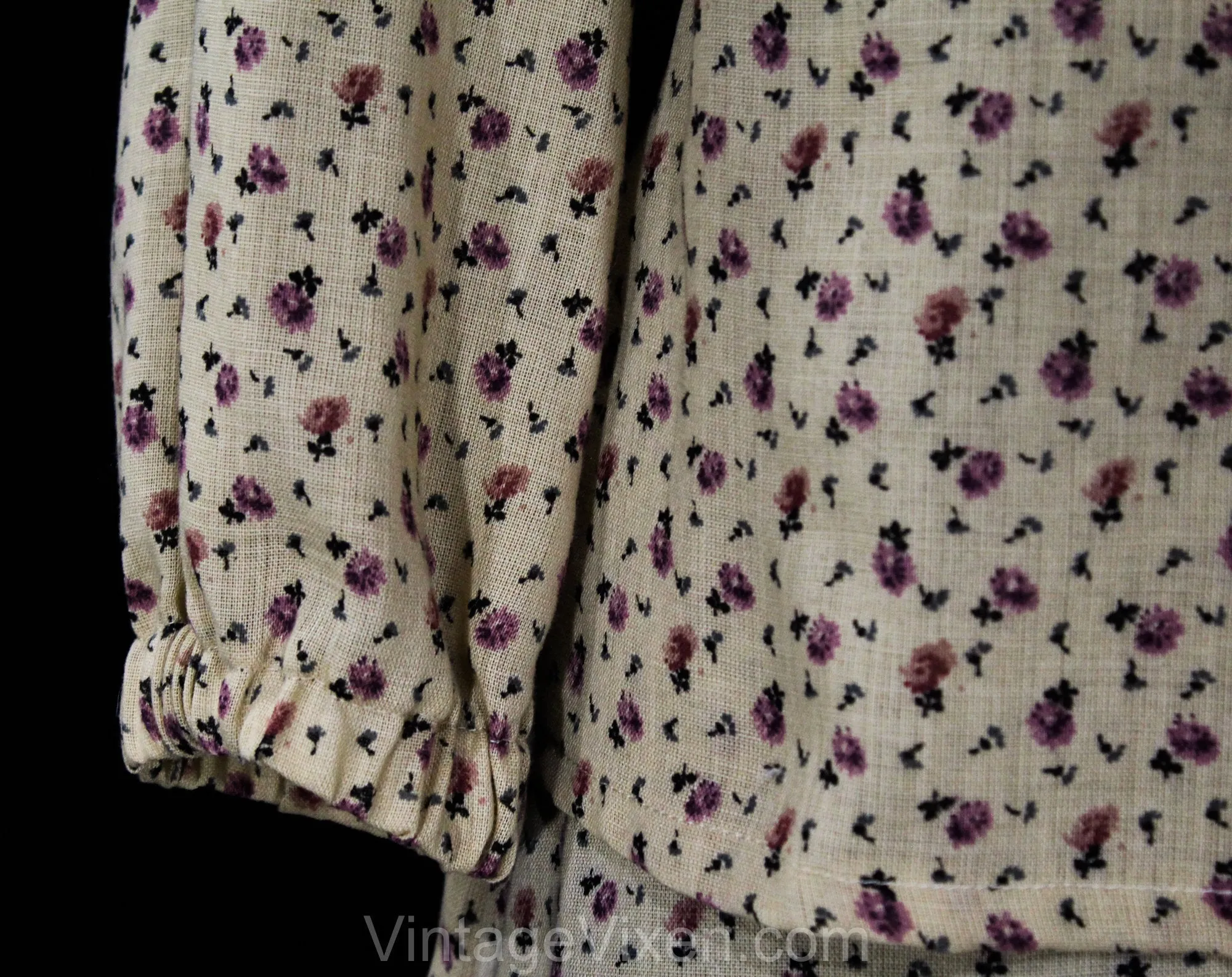 Size 6 Peasant Dress Set - 1970s Khaki & Lavender Floral Button Front Top and Skirt with Pockets - Spring Cotton Homespun Style - Waist 26