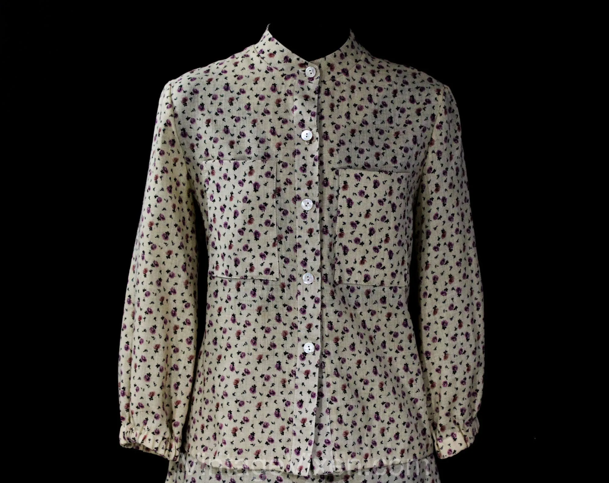 Size 6 Peasant Dress Set - 1970s Khaki & Lavender Floral Button Front Top and Skirt with Pockets - Spring Cotton Homespun Style - Waist 26