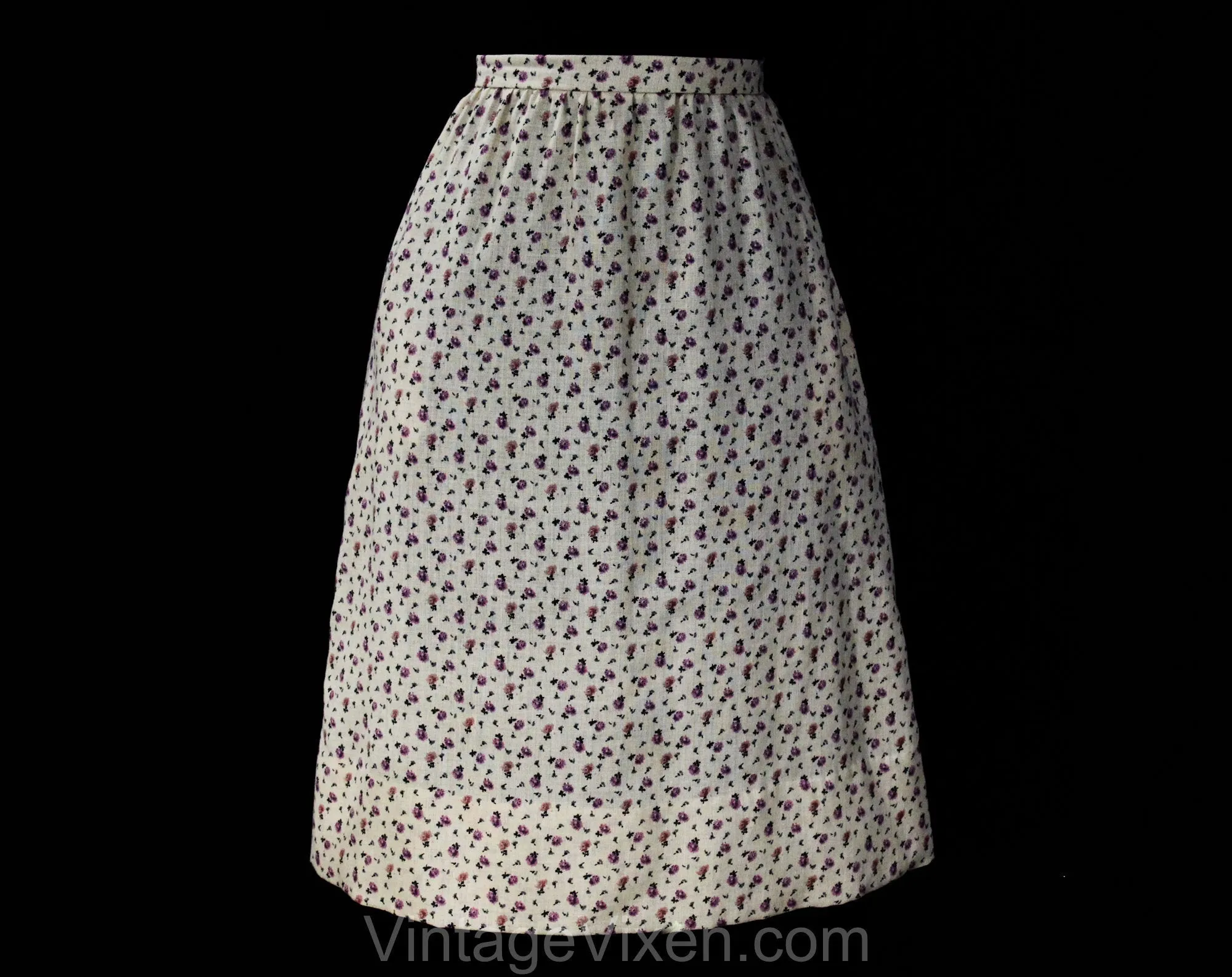 Size 6 Peasant Dress Set - 1970s Khaki & Lavender Floral Button Front Top and Skirt with Pockets - Spring Cotton Homespun Style - Waist 26