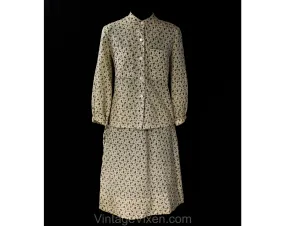 Size 6 Peasant Dress Set - 1970s Khaki & Lavender Floral Button Front Top and Skirt with Pockets - Spring Cotton Homespun Style - Waist 26