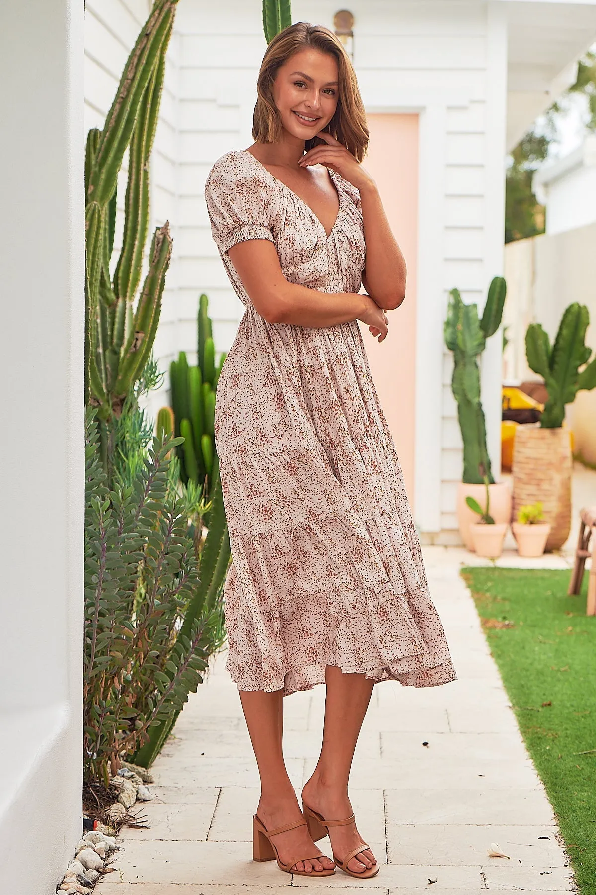 Sunny Pink Floral Print Tiered Midi Dress