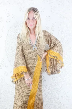 Venus Maxi Dress -  Vintage Sari - Hickory & Sunflower Yellow - Size S/M