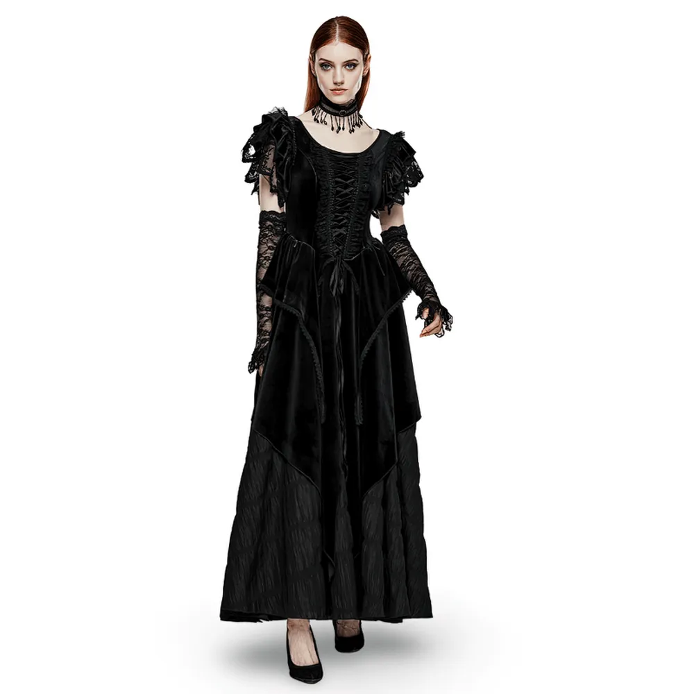 Victorian Elegant Lace Velvet Gothic Dress with Ruffles