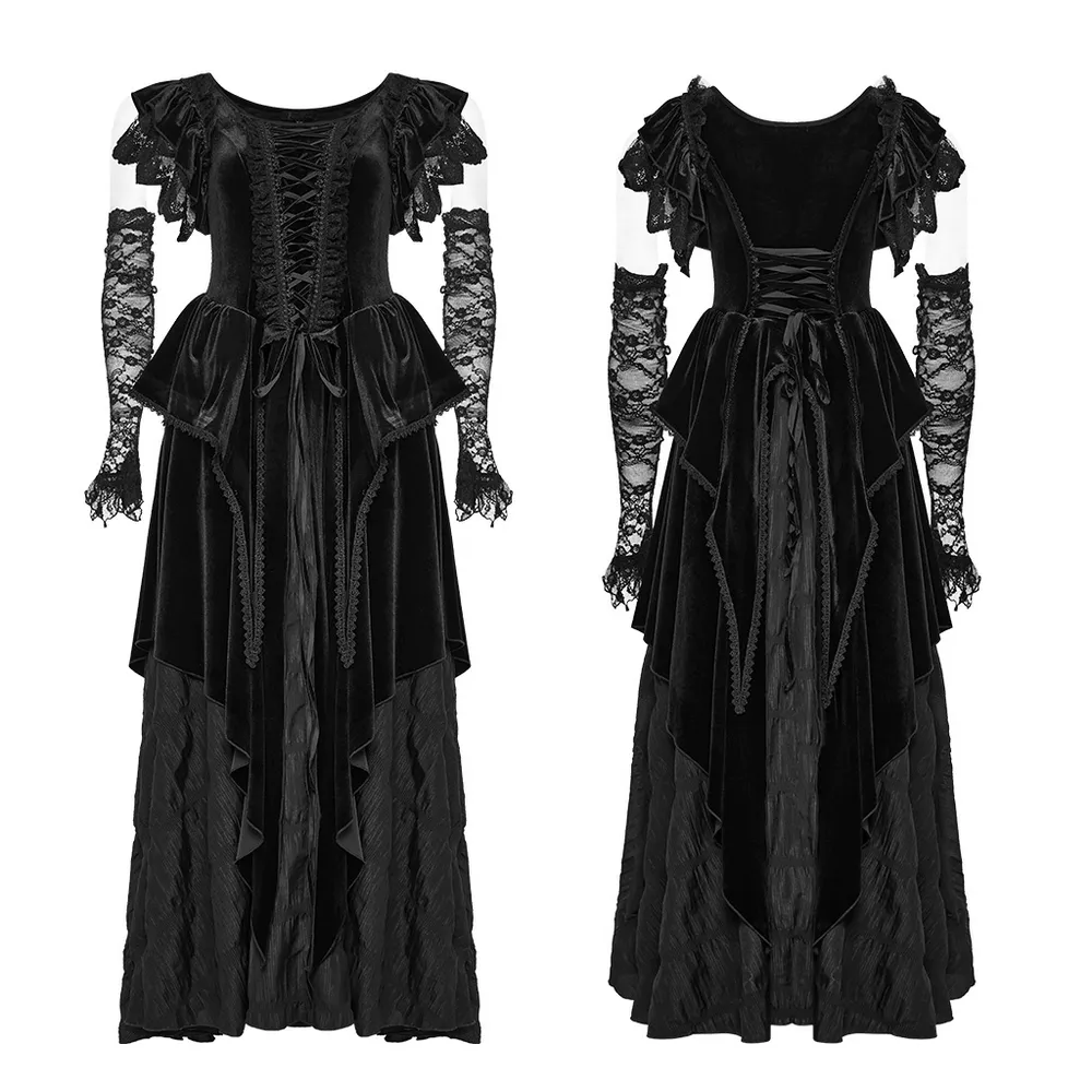Victorian Elegant Lace Velvet Gothic Dress with Ruffles