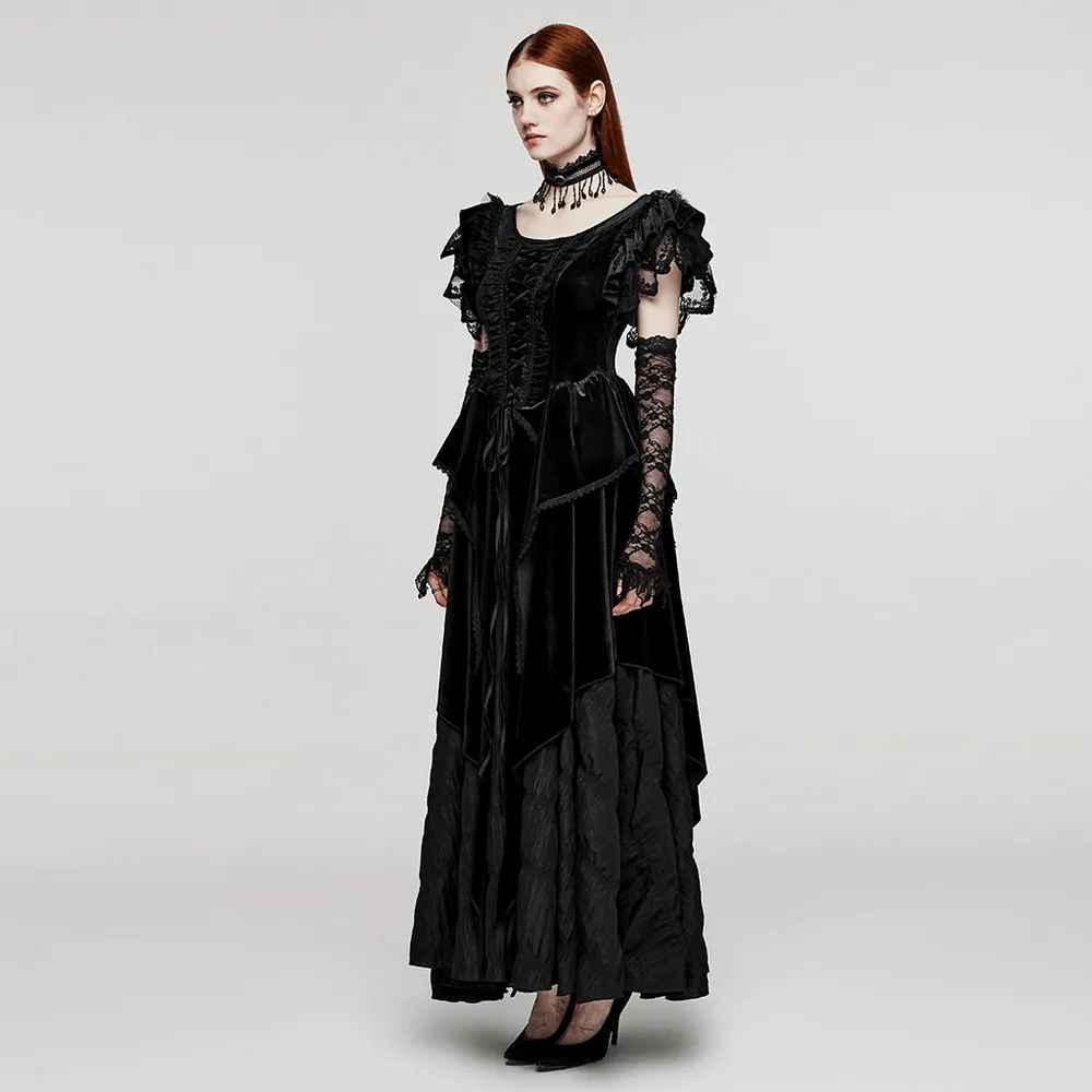 Victorian Elegant Lace Velvet Gothic Dress with Ruffles