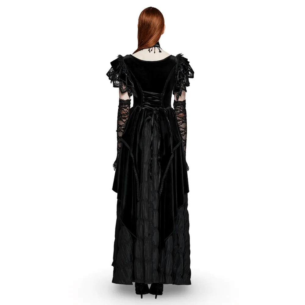 Victorian Elegant Lace Velvet Gothic Dress with Ruffles